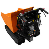 Kompakte Mini Raupendumper in leuchtendem Orange mit robustem Kipper, leistungsstarkem 9PS Motor und stabilen Gummiketten für vielseitige Einsätze