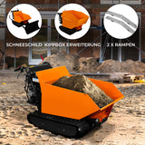 Mini Raupendumper in leuchtendem Orange mit Kippbox, robustem Fahrwerk und zwei Rampen, ideal für den Transport von bis zu 500 kg Erde oder Material