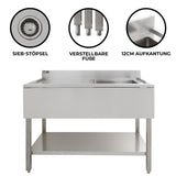 Edelstahl Gastrospüle mit einem Becken, verstellbaren Füßen, 12 cm Aufkantung und Sieb-Stöpsel, ideal für professionelle Küchen und Gastronomie