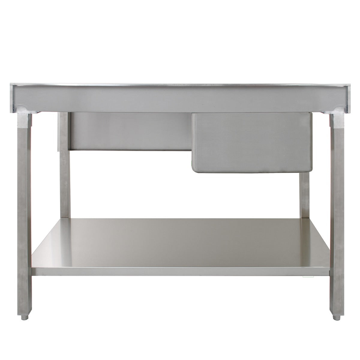 Edelstahl Gastrospüle mit einem linken Becken, robustes Design, glänzende Oberfläche, rechteckige Form und stabiler Unterbau für gewerbliche Nutzung