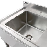 Edelstahl Gastrospüle mit einem großen, rechteckigen Becken auf der linken Seite, glänzende Oberfläche, robustes Design und integrierter Abflussöffnung