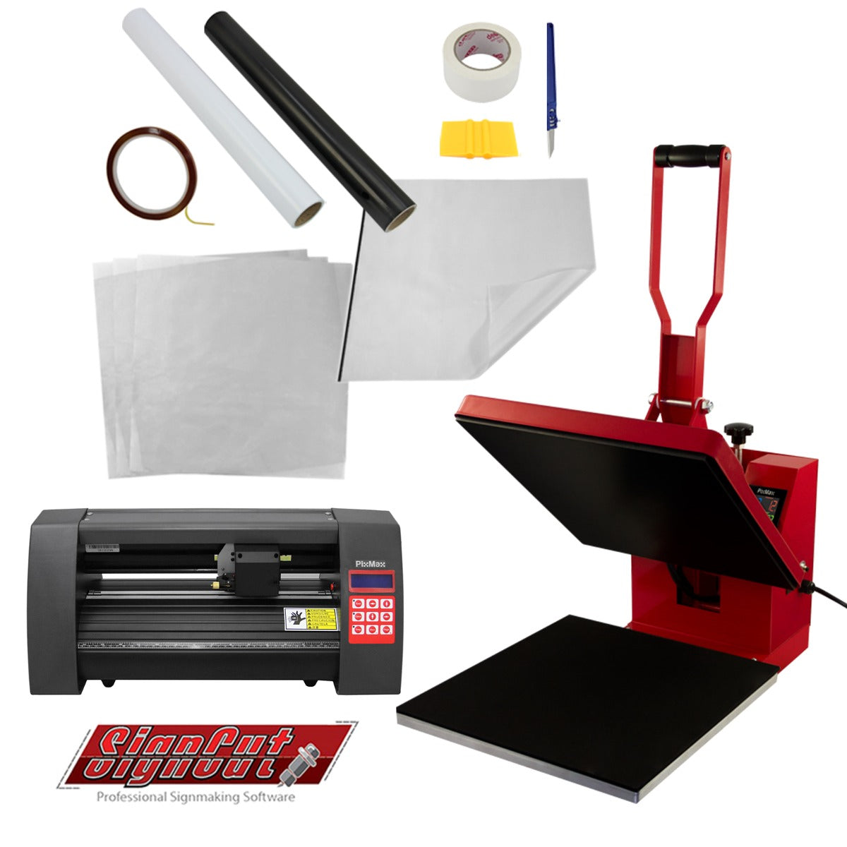 Rote Transferpresse mit schwarzer Arbeitsfläche, Vinyl-Schneideplotter, Zubehör wie Folien, Papier und Werkzeug für kreative Projekte
