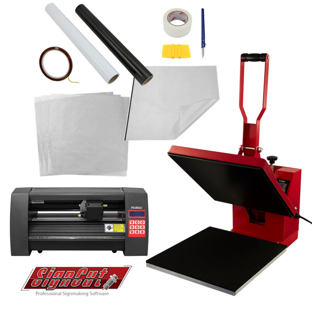 Rote Transferpresse mit schwarzer Arbeitsfläche, Vinyl-Schneideplotter, Zubehör wie Folien, Papier und Werkzeug für kreative Projekte