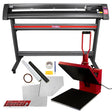 Transferpresse in Rot und Schwarz mit 38 x 38 cm Fläche, Vinyl-Schneideplotter in Silber mit Zubehör wie Folie, Klebeband und Werkzeugen auf hellem Hintergrund