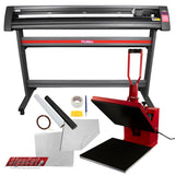 Transferpresse in Rot und Schwarz mit 38 x 38 cm Fläche, Vinyl-Schneideplotter in Silber mit Zubehör wie Folie, Klebeband und Werkzeugen auf hellem Hintergrund