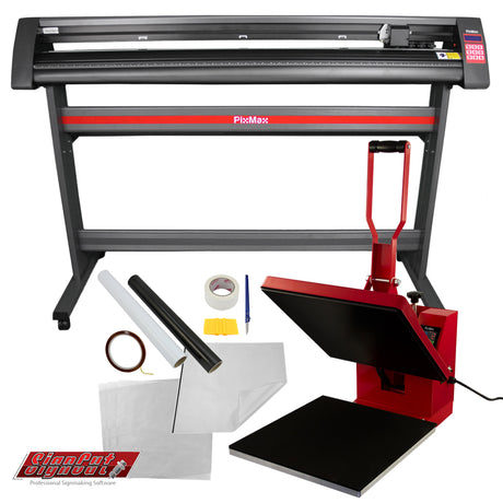 Transferpresse in Rot und Schwarz mit 38 x 38 cm Fläche, Vinyl-Schneideplotter in Silber mit Zubehör wie Folie, Klebeband und Werkzeugen auf hellem Hintergrund