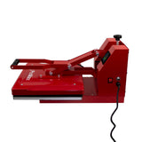Rote Transferpresse mit 38 x 38 cm Arbeitsfläche, stabiler Hebelmechanismus und digitalem Display, ideal für Vinyl-Transferarbeiten