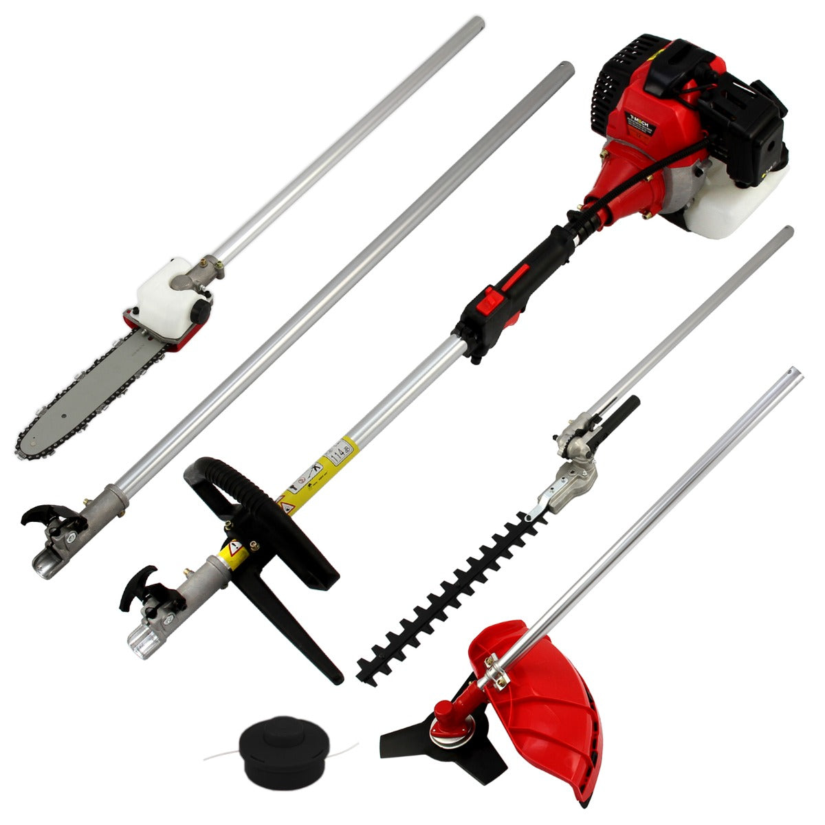 Vielseitiges T-Mech 5 in 1 Multiwerkzeug mit rotem und schwarzem Design, bestehend aus einer Kettensäge, Heckenschneider und Rasentrimmer, ideal für Gartenarbeiten