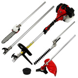 Vielseitiges T-Mech 5 in 1 Multiwerkzeug mit rotem und schwarzem Design, bestehend aus einer Kettensäge, Heckenschneider und Rasentrimmer, ideal für Gartenarbeiten