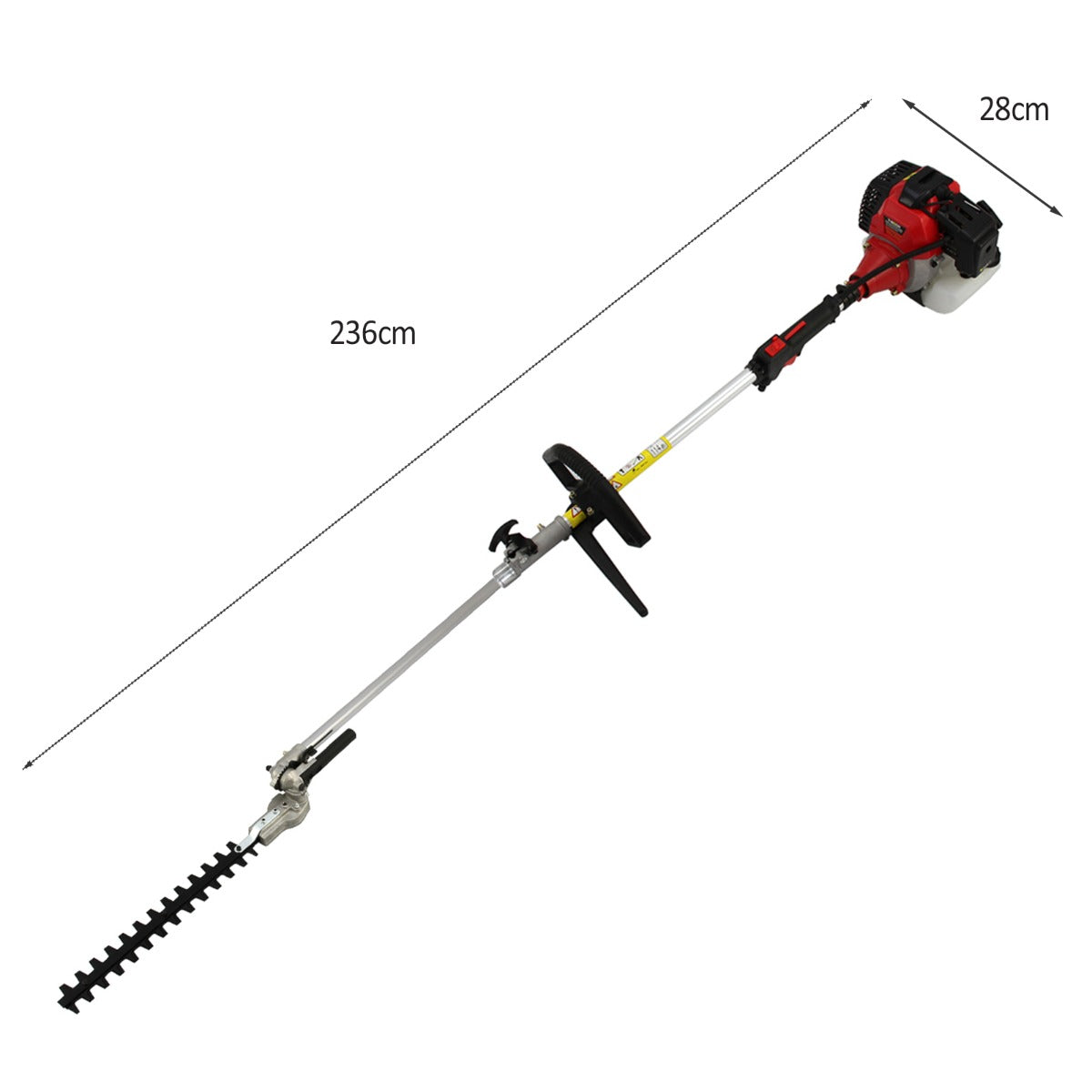 T-Mech 5 in 1 Multiwerkzeug in Rot mit langem, silbernem Schaft, scharfen Klingen und ergonomischem Griff für vielseitige Gartenarbeiten