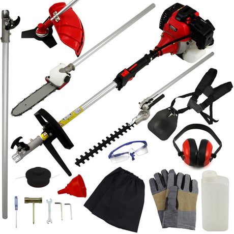 Vielseitiges T-Mech 5-in-1 Multiwerkzeug in Rot mit verschiedenen Aufsätzen, darunter Kettensäge, Heckenschneider und Zubehör wie Handschuhe und Schutzbrille