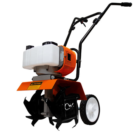 Orangefarbene T-Mech Motorhacke mit robusten, scharfen Klingen, einem stabilen Rahmen und einem ergonomischen Griff für einfache Handhabung im Garten