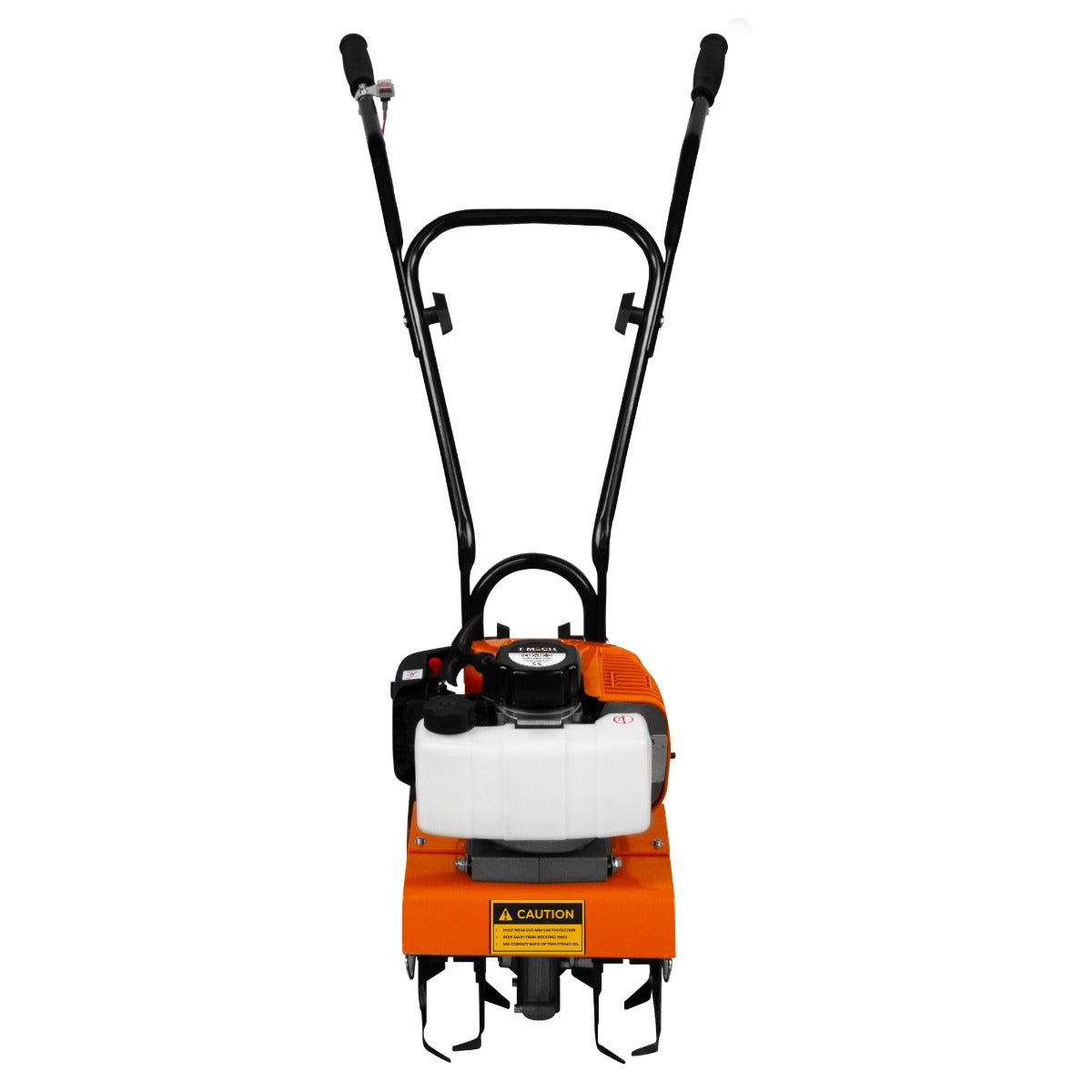 Die T-Mech Motorhacke in leuchtendem Orange mit robustem schwarzen Griff und einem weißen Tank, ideal für die Gartenbearbeitung und Bodenaufbereitung
