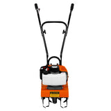 Die T-Mech Motorhacke in leuchtendem Orange mit robustem schwarzen Griff und einem weißen Tank, ideal für die Gartenbearbeitung und Bodenaufbereitung