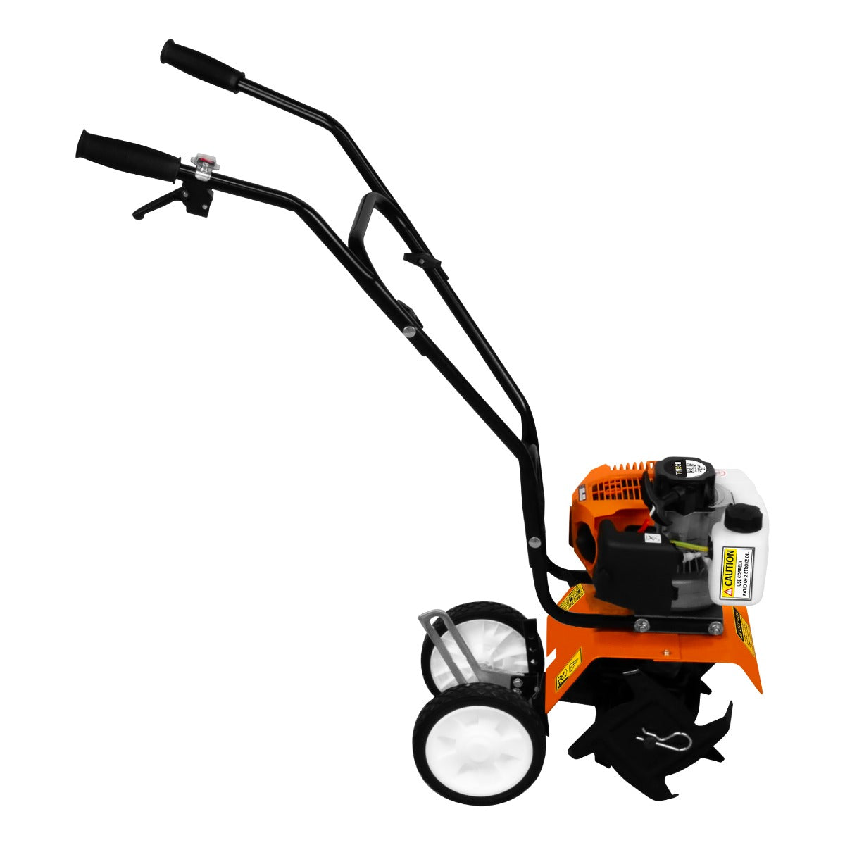 Die T-Mech Motorhacke in leuchtendem Orange und Schwarz hat zwei Griffe, große Räder und scharfe, drehbare Klingen für effizientes Arbeiten im Garten
