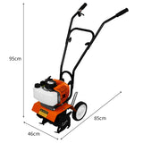 Die T-Mech Motorhacke in leuchtendem Orange und Schwarz, mit robustem Metallrahmen, großen Rädern und einem leistungsstarken Motor für effizientes Arbeiten im Garten