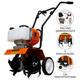 T-Mech Motorhacke in Orange und Schwarz mit 4 Stahlklingen, robustem Griff und 1,2L Kraftstofftank, ideal für Gartenarbeiten und Bodenbearbeitung
