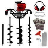Der T-Mech Erdbohrer mit rotem Motor, drei schwarzen Bohrern, Schutzausrüstung wie Kopfhörern, Handschuhen und Schutzbrille, ideal für Garten- und Bauprojekte
