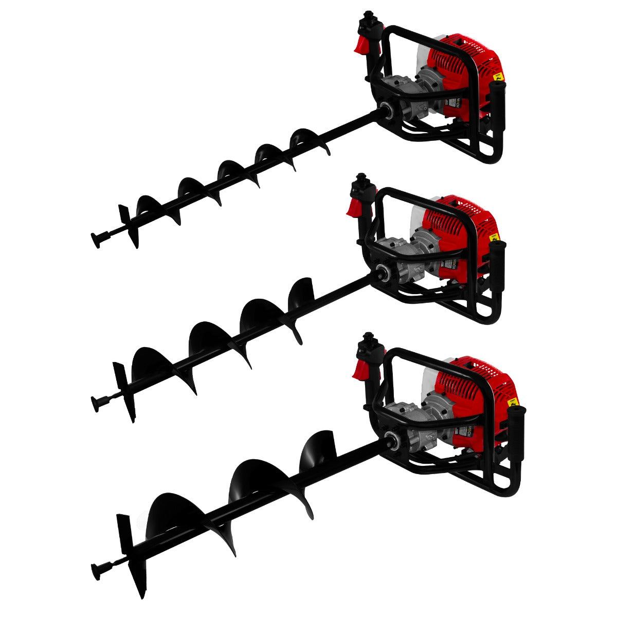 Der T-Mech Erdbohrer zeigt drei schwarze Bohrköpfe unterschiedlicher Größe mit rotem Motor und robustem Gestell, ideal für Erdarbeiten und Gartenprojekte