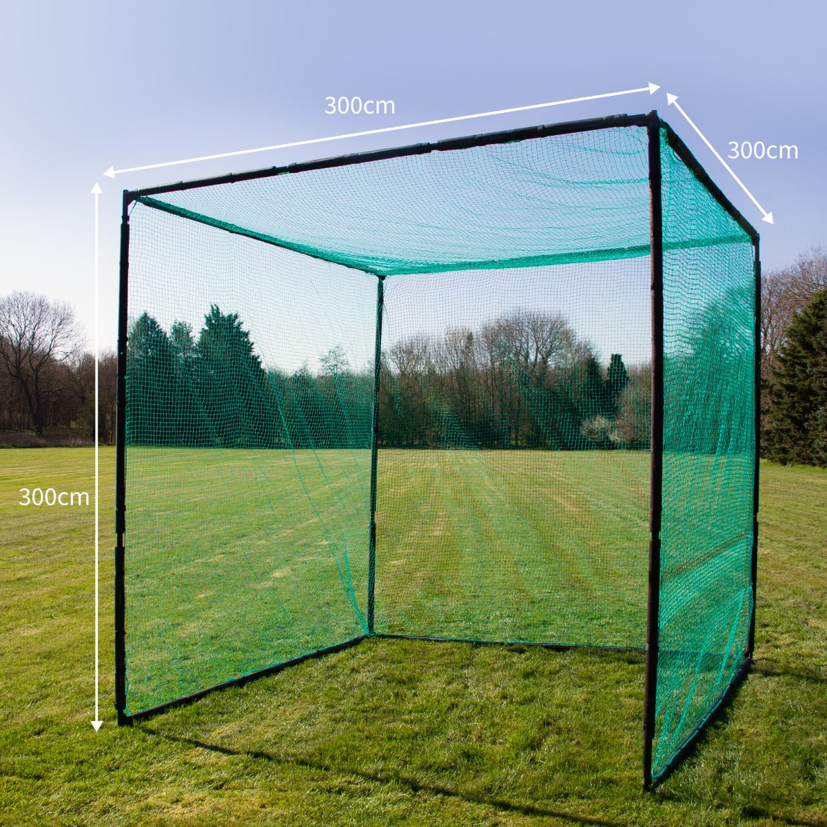 Golfnetz Übungskäfig in leuchtendem Grün, quadratische Form, 300 cm hoch und breit, ideal für das Golftraining im Freien auf Rasenflächen