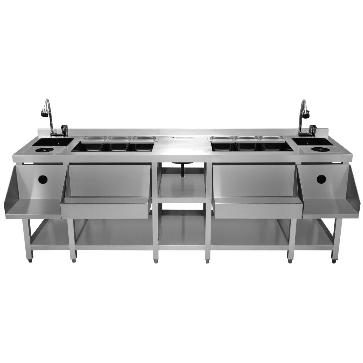 Moderne Duo-Barstation aus Edelstahl mit mehreren Behältern, glatter Oberfläche, robustem Design und praktischen Ablageflächen für effiziente Nutzung in Gastronomie