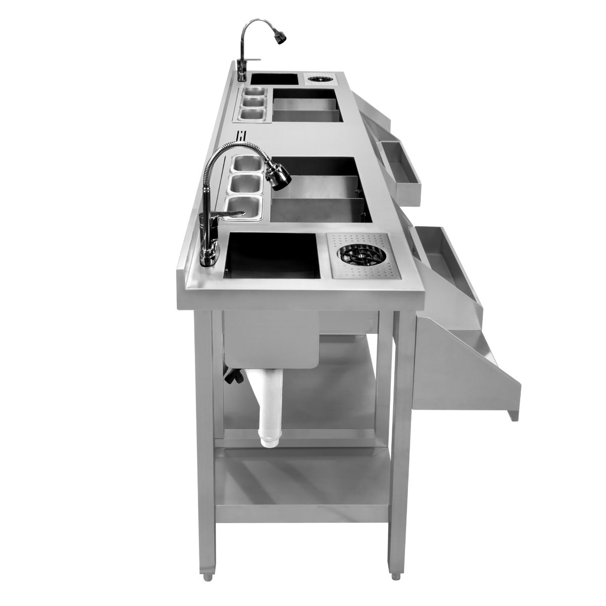 Moderne Duo-Barstation aus Edelstahl mit mehreren Spülen, Wasserhähnen und Ablageflächen, ideal für Gastronomie und Veranstaltungen
