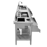 Moderne Duo-Barstation aus Edelstahl mit mehreren Spülen, Wasserhähnen und Ablageflächen, ideal für Gastronomie und Veranstaltungen