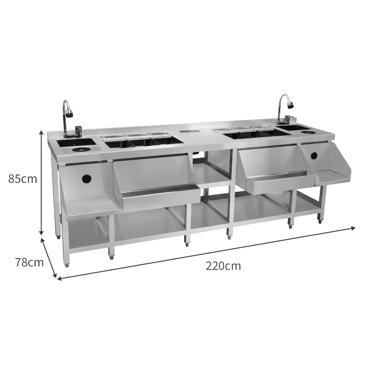 Duo-Barstation aus Edelstahl mit zwei Spülen, vier Fächern und einem stabilen Gestell, ideal für Bars und Gastronomie, Maße 220cm x 85cm x 78cm