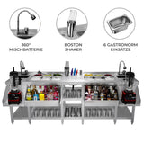 Moderne Duo-Barstation aus Edelstahl mit 360° Mischbatterie, Boston Shaker, 6 Gastronom-Einsätzen und Platz für Mixer und Getränke