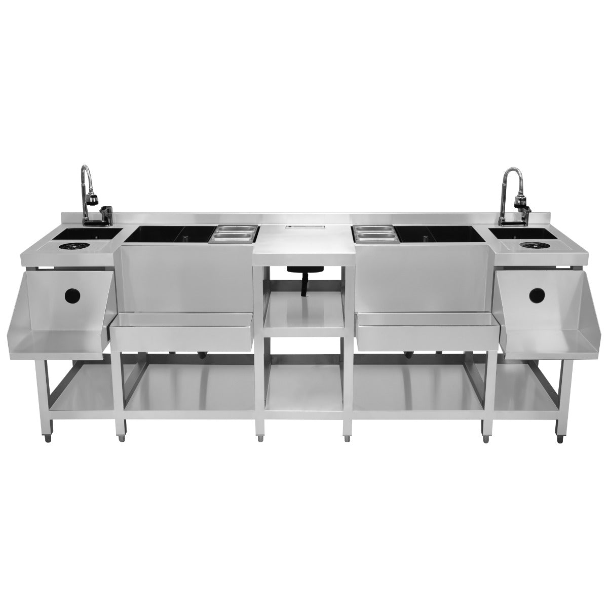 Kompakte Duo-Barstation aus Edelstahl mit zwei Spülen, Ablageflächen und praktischen Wasserhähnen, ideal für Gastronomie und Events