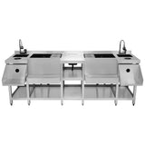 Kompakte Duo-Barstation aus Edelstahl mit zwei Spülen, Ablageflächen und praktischen Wasserhähnen, ideal für Gastronomie und Events