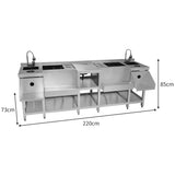Kompakte Duo-Barstation aus Edelstahl mit zwei Spülen, Ablageflächen und robustem, glänzendem Finish, ideal für Gastronomie und Events