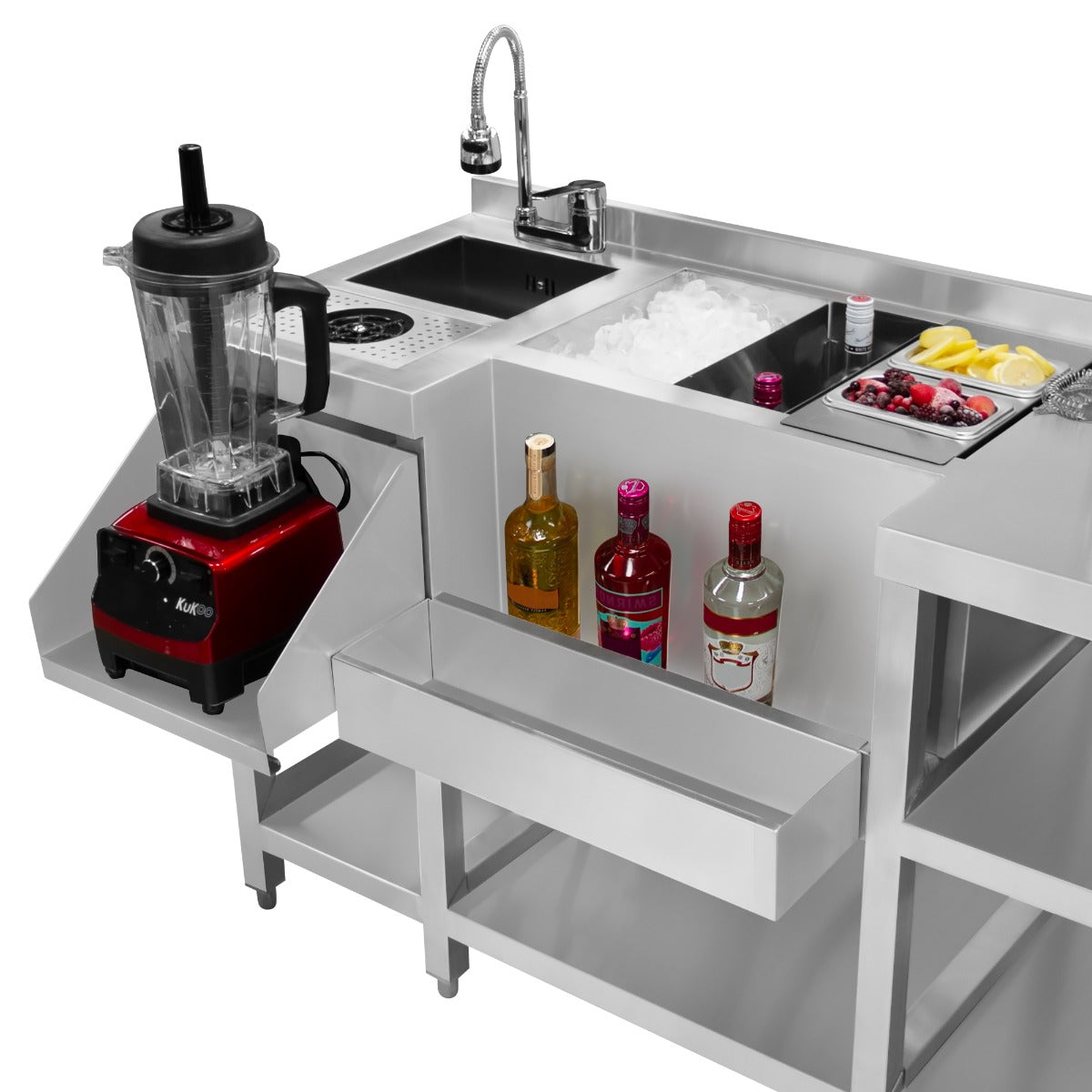 Kompakte Duo-Barstation aus Edelstahl mit Mixer, Spüle, Eisfach und Platz für Flaschen, ideal für Cocktails und Getränke in Bars