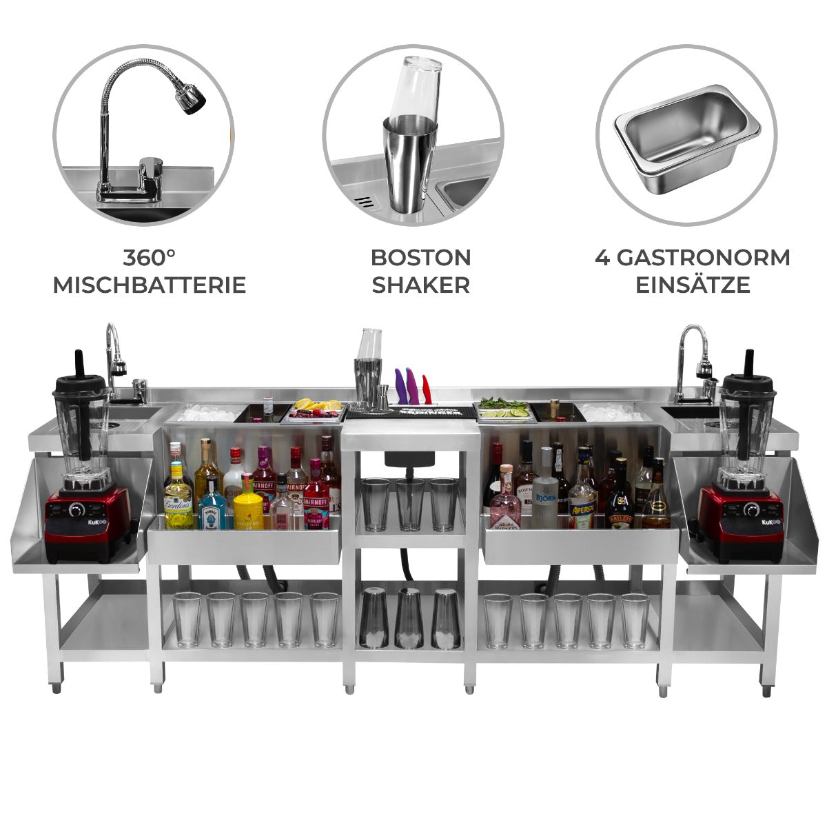 Kompakte Duo-Barstation aus Edelstahl mit 360° Mischbatterie, Boston Shaker, 4 Gastronom-Einsätzen und Platz für Flaschen und Gläser