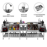 Kompakte Duo-Barstation aus Edelstahl mit 360° Mischbatterie, Boston Shaker, 4 Gastronom-Einsätzen und Platz für Flaschen und Gläser