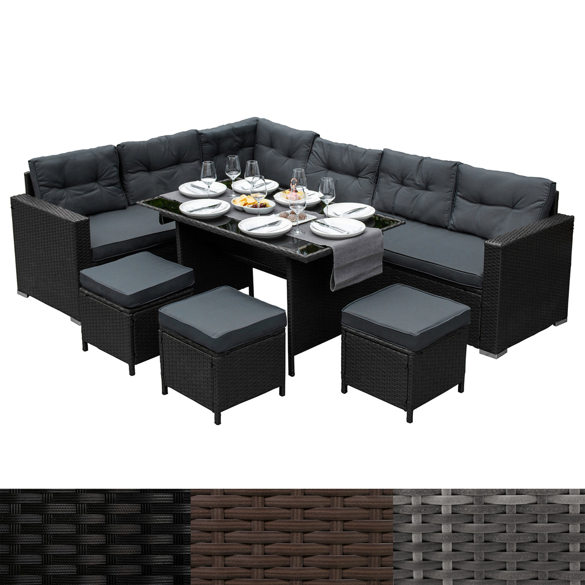 Schwarzes Polyrattan Gartenmöbel Set mit bequemen, grauen Kissen, einem eleganten Glastisch und passenden Hockern für stilvolle Außenbereiche