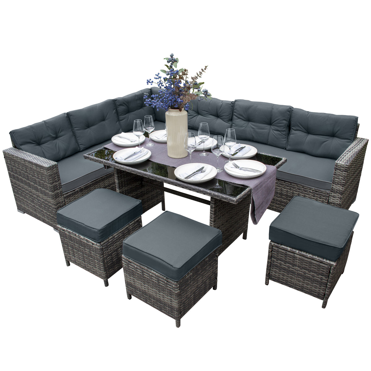 Schwarzes Polyrattan Gartenmöbel Set mit bequemen Kissen, einem eleganten Glastisch und stilvollen Hockern, ideal für Gartenpartys und Entspannung