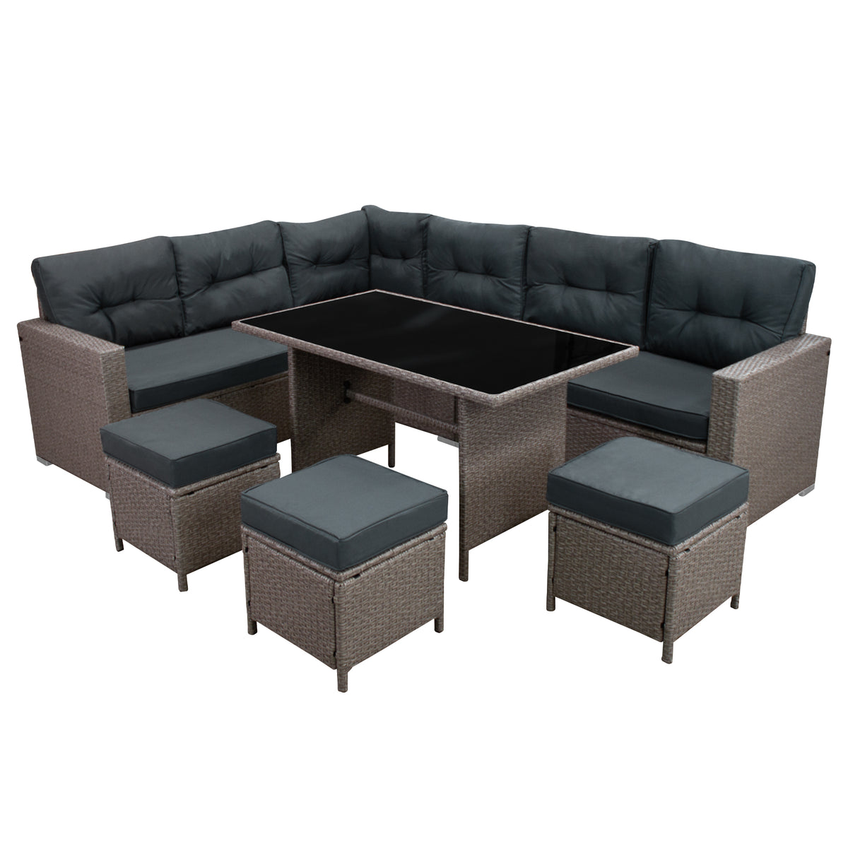 Rattan-Eckset in Grau mit bequemen, dunklen Polstern und einem eleganten, schwarzen Tisch, ideal für Garten oder Terrasse