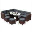 Braunes Polyrattan Gartenmöbel Set mit bequemen grauen Kissen, einem rechteckigen Tisch und passenden Hockern, ideal für entspannte Außenbereiche