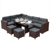 Braunes Polyrattan Gartenmöbel Set mit bequemen grauen Kissen, einem rechteckigen Tisch und passenden Hockern, ideal für entspannte Außenbereiche