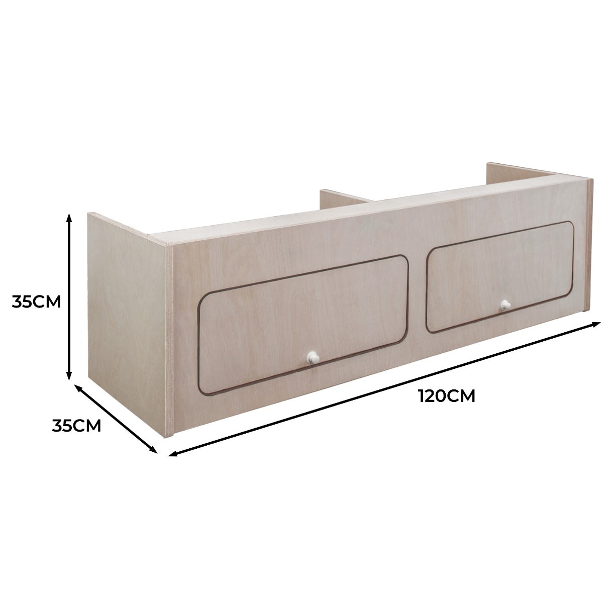 Hängeschrank für Wohnwagen in hellem Holz mit zwei Schubladen, Maße 120cm x 35cm x 35cm, ideal für platzsparende Aufbewahrung