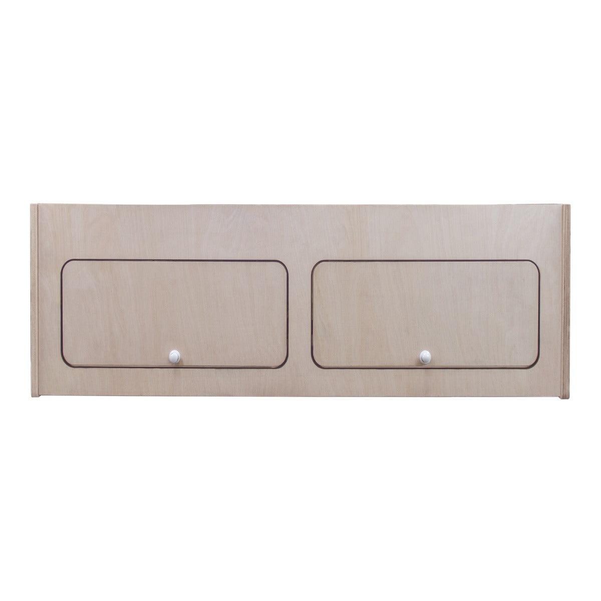 Hängeschrank für Wohnwagen in hellem Holz mit zwei Schubladen, abgerundeten Kanten und eleganten, weißen Knöpfen, ideal für platzsparende Aufbewahrung