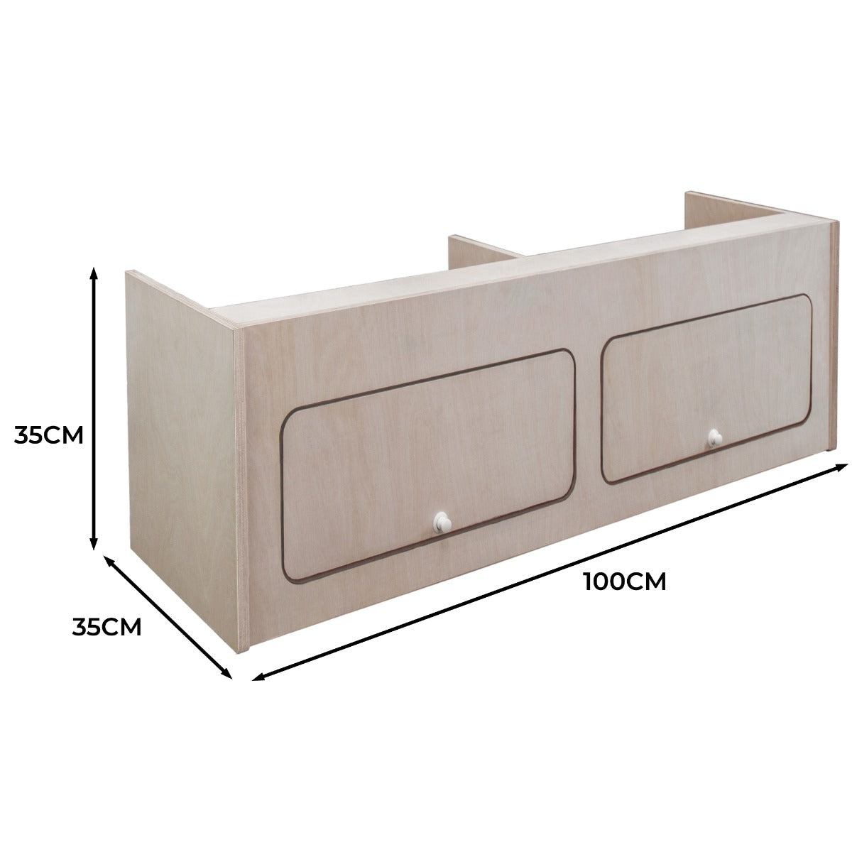 Hängeschrank für Wohnwagen in hellem Holz, 100 cm lang, mit zwei Schubladen und abgerundeten Kanten, ideal für platzsparende Aufbewahrung