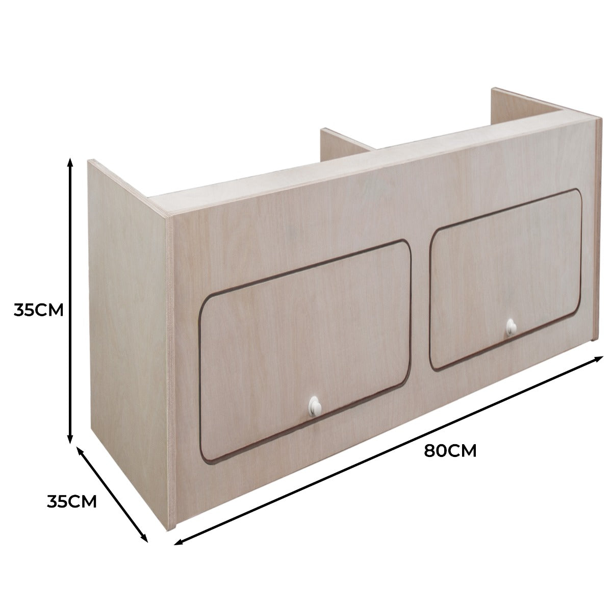 Hängeschrank für Wohnwagen in hellem Holz, 80 cm breit, 35 cm hoch und 35 cm tief, mit zwei geschlossenen Fächern und eleganten Griffen
