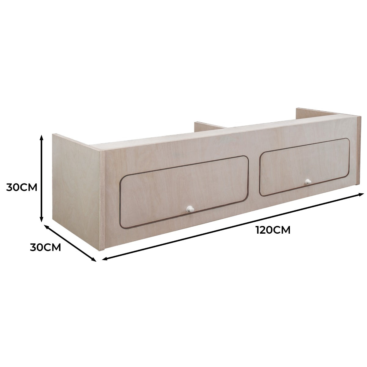Hängeschrank für Wohnwagen in hellem Holz, 120cm breit, 30cm hoch und 30cm tief, mit zwei Schubladen und schlichten Griffen für praktischen Stauraum
