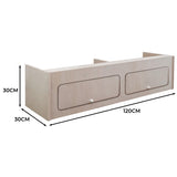 Hängeschrank für Wohnwagen in hellem Holz, 120cm breit, 30cm hoch und 30cm tief, mit zwei Schubladen und schlichten Griffen für praktischen Stauraum