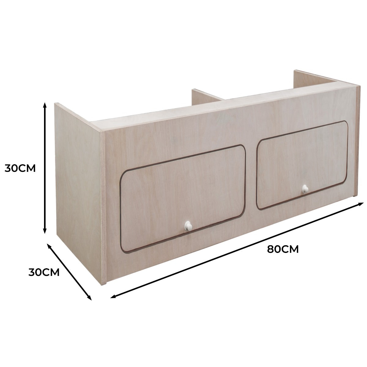 Hängeschrank für Wohnwagen in hellem Holz, 80 cm breit, 30 cm hoch und 30 cm tief, mit zwei geschlossenen Fächern und eleganten Griffen