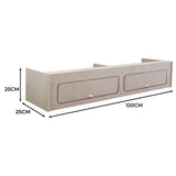 Hängeschrank für Wohnwagen in hellem Holz, 120 cm lang, 25 cm hoch und 25 cm tief, mit zwei Schubladen und modernem, minimalistischen Design