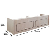 Hängeschrank für Wohnwagen in hellem Holz, 100 cm breit, 25 cm hoch und 25 cm tief, mit zwei Schubladen und eleganten Knöpfen