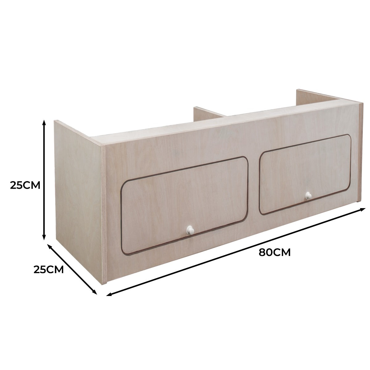 Hängeschrank für Wohnwagen in hellem Holz, 80 cm breit, 25 cm hoch und 25 cm tief, mit zwei Schubladen und eleganten Griffen